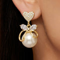 AYMI Earrings Anti-Tarnish Heart Bow Faux Pearl Studs