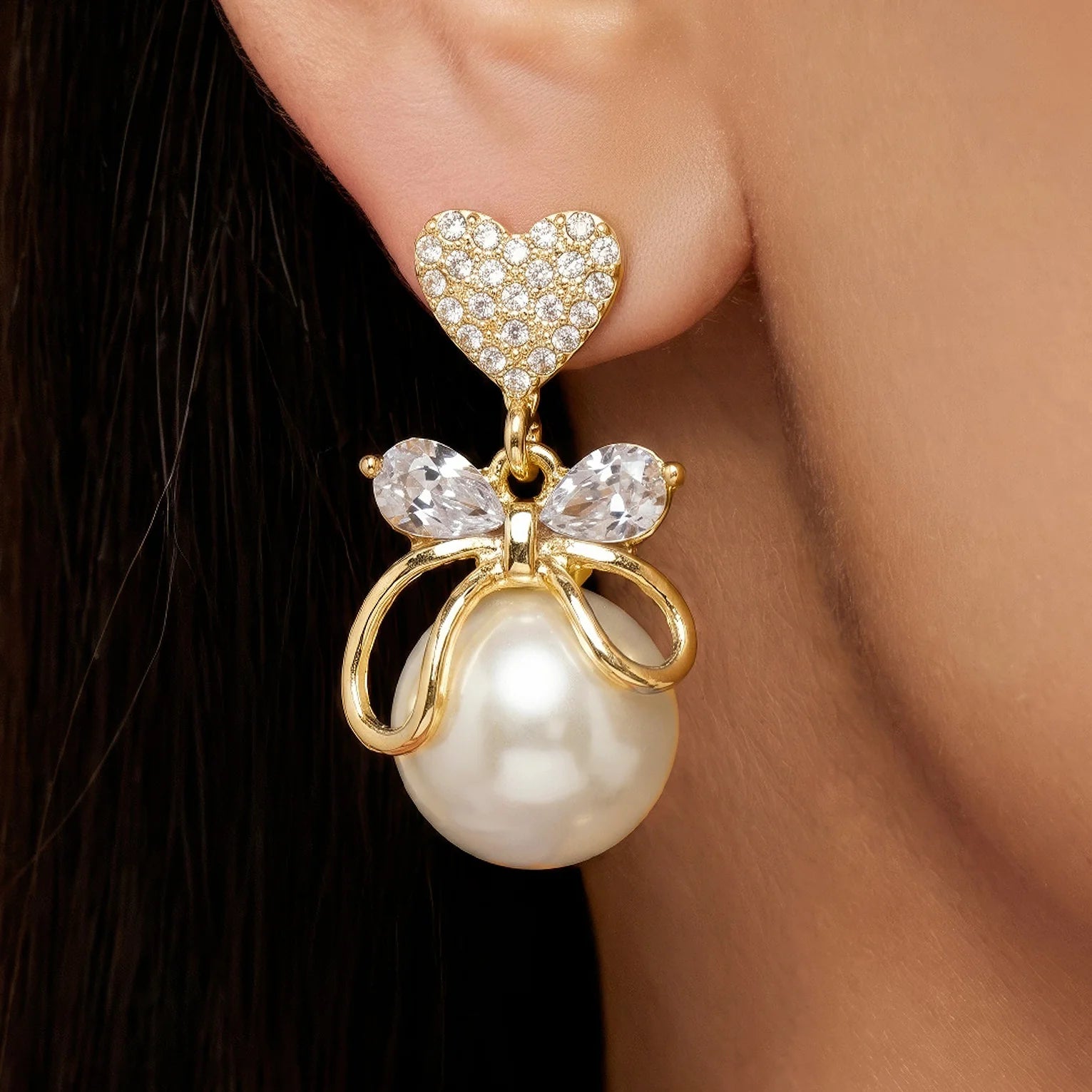 AYMI Earrings Anti-Tarnish Heart Bow Faux Pearl Studs