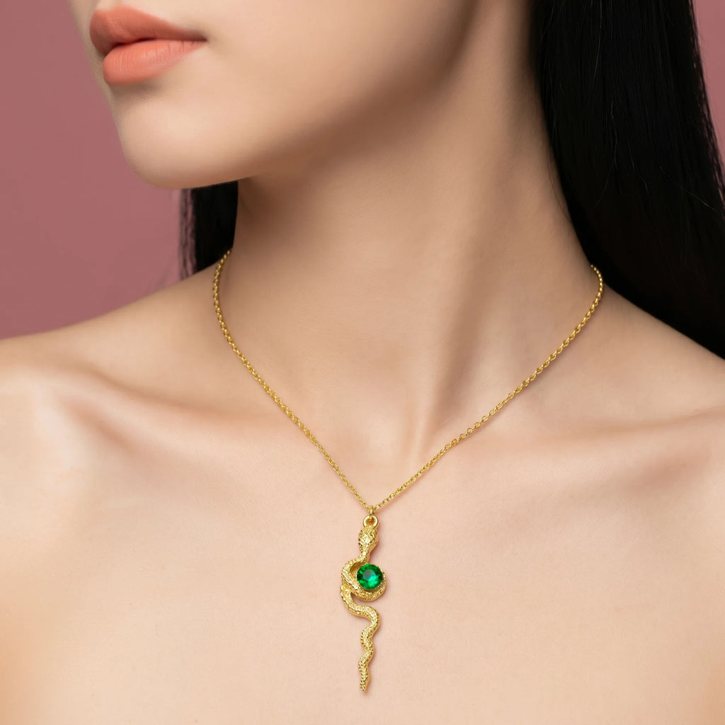 AYMI Necklace Anti-Tarnish Emerald Snake Pendant
