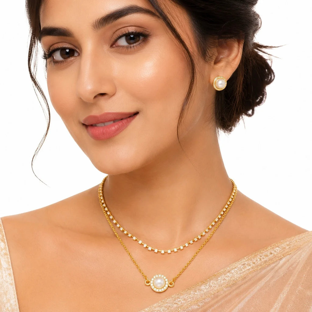 AYMI Necklace Anti-Tarnish Gold Plated Double Layered Pearl Set
With Earrings