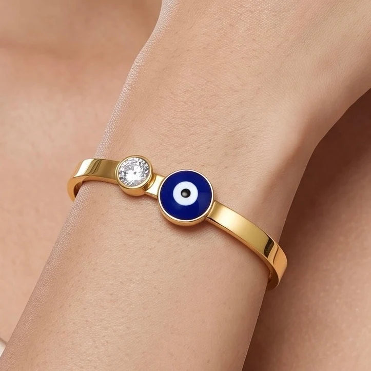 AYMI Bracelet Anti-Tarnish Gold Plated Evil Eye Bangle (Adjustable Size)
