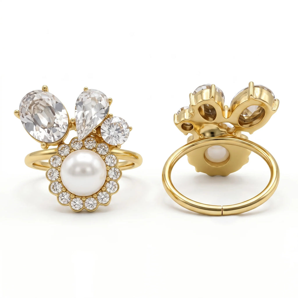 AYMI Ring Anti-Tarnish Pearl Halo Cluster (Adjustable Size)