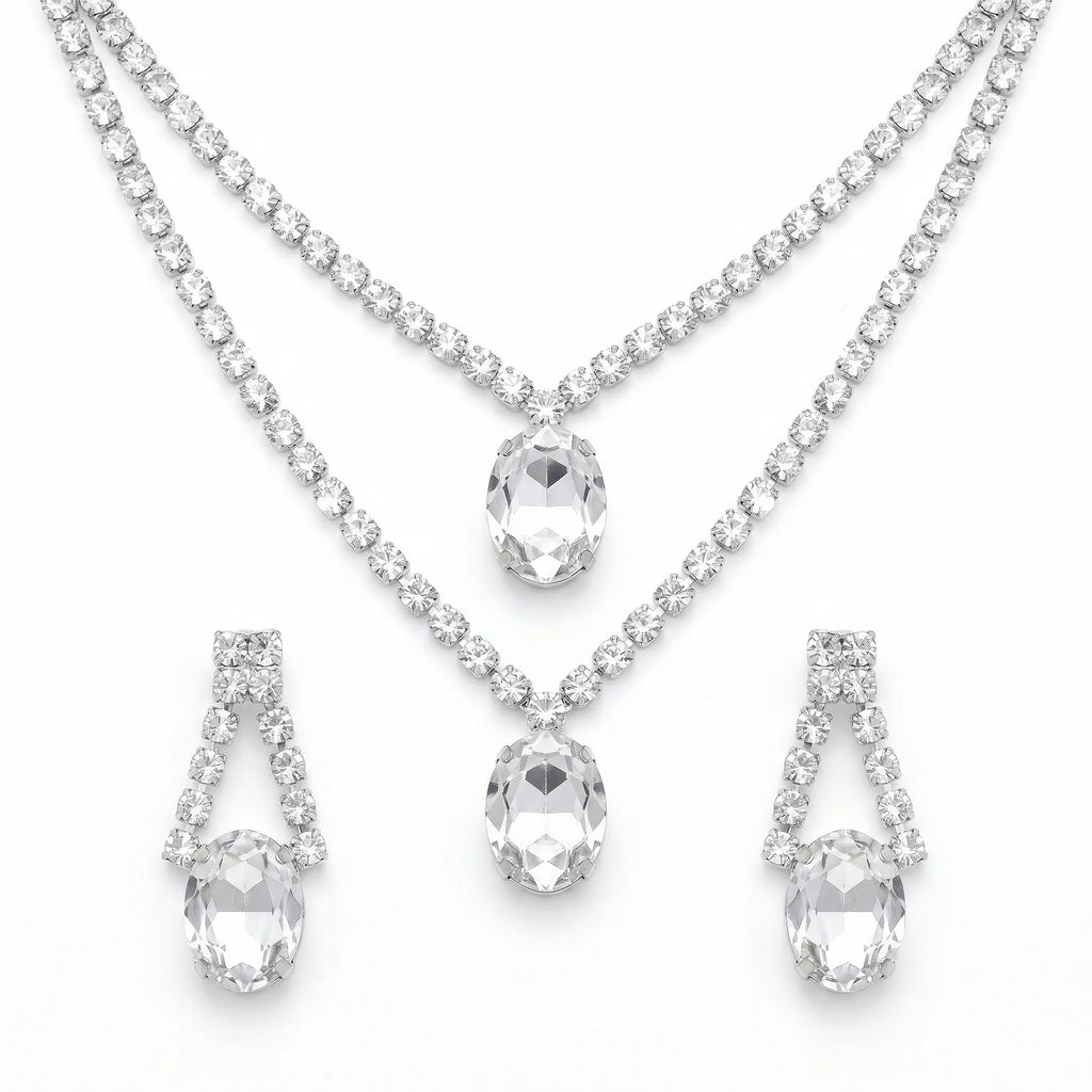 AYMI Necklace Anti-Tarnish Clear Oval Crystal Double-Layer Set With Earrings
