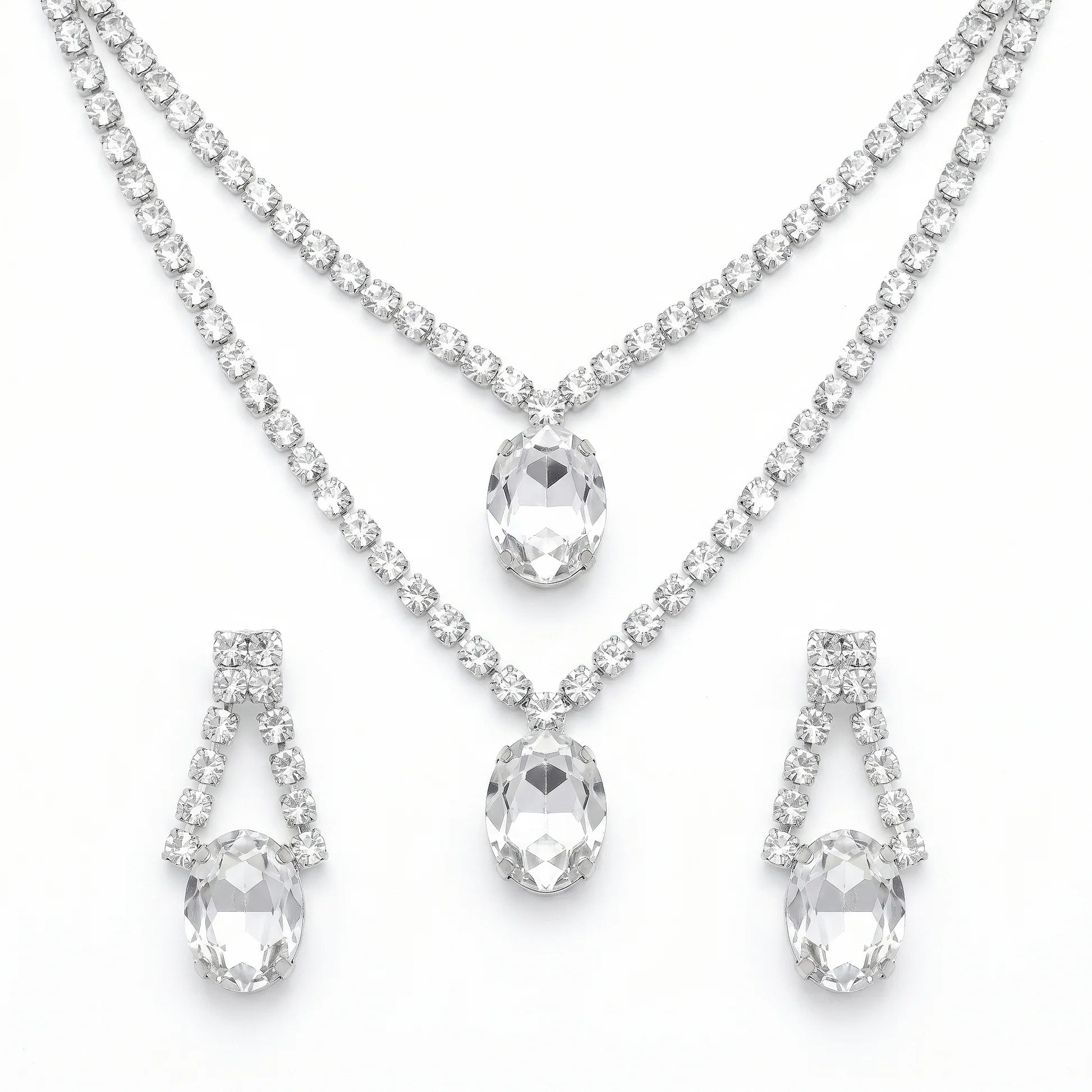 AYMI Necklace Anti-Tarnish Clear Oval Crystal Double-Layer Set With Earrings