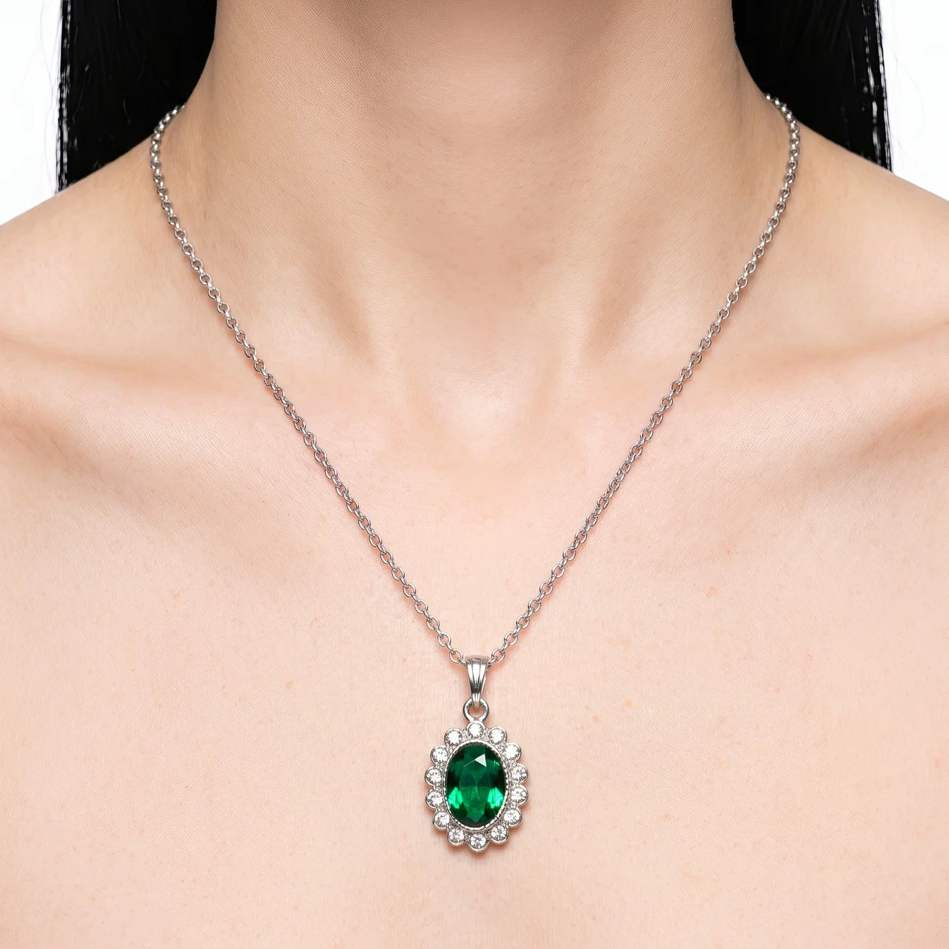 AYMI Necklace Anti-Tarnish Emerald Halo Pendant