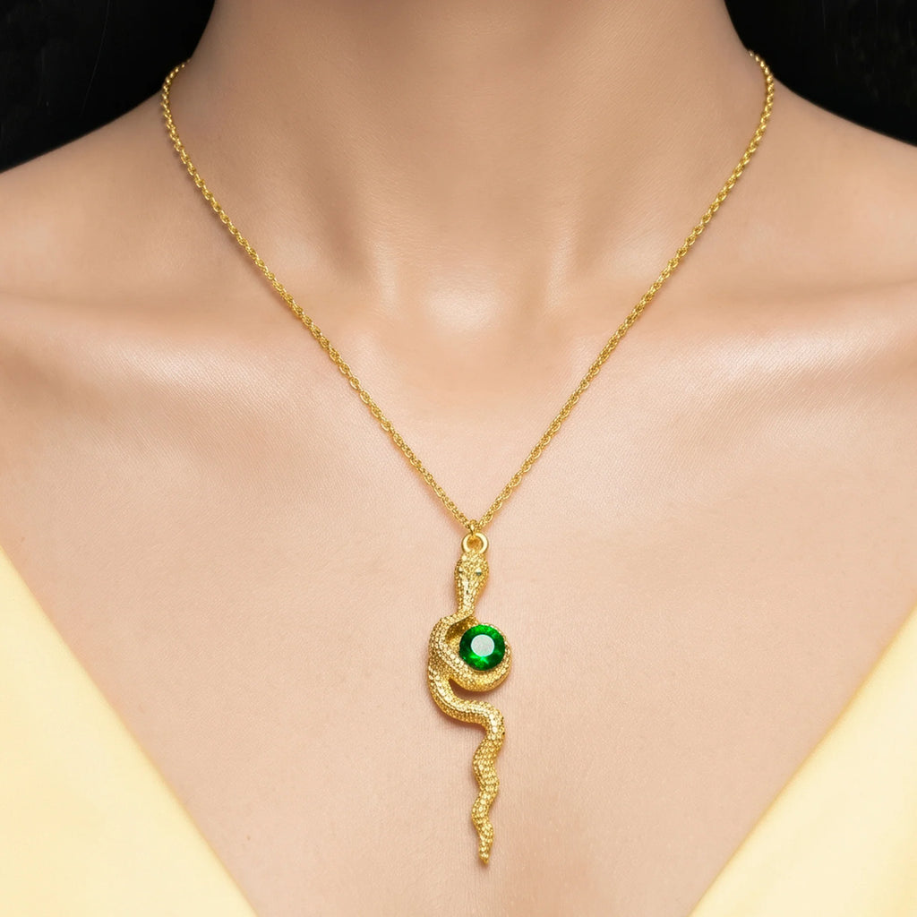 AYMI Necklace Anti-Tarnish Emerald Snake Pendant