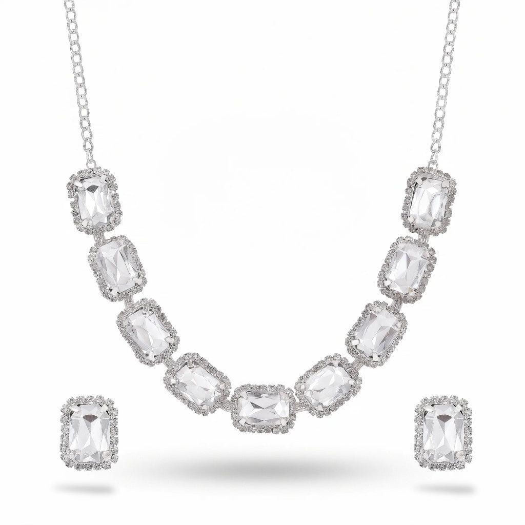 AYMI Necklace Anti-Tarnish Single-Line Rectangle Crystal Set With Earrings