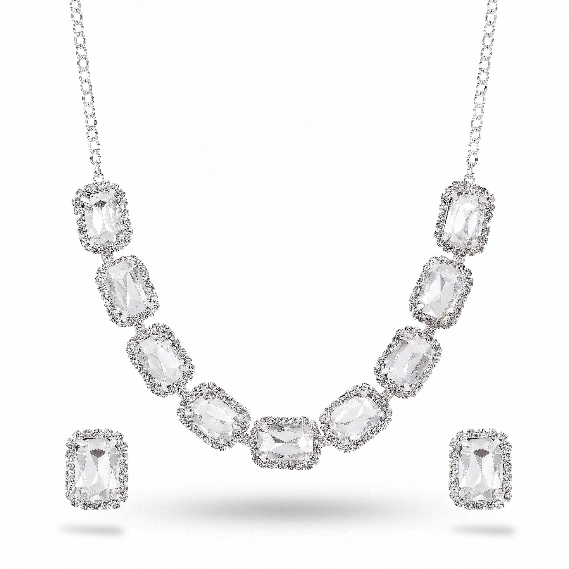 AYMI Necklace Anti-Tarnish Single-Line Rectangle Crystal Set With Earrings