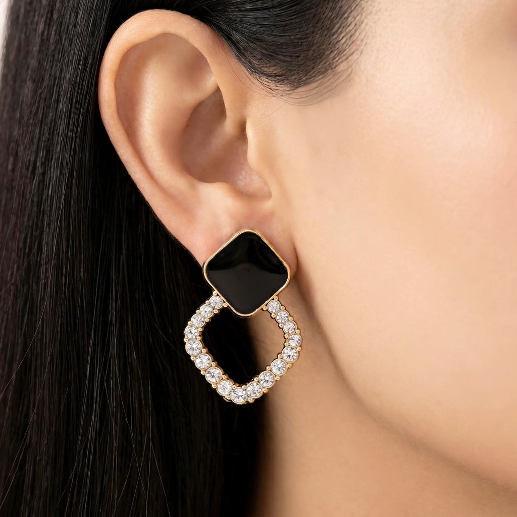 AYMI Earrings Anti-Tarnish Geometric Black Enamel Crystal Studs