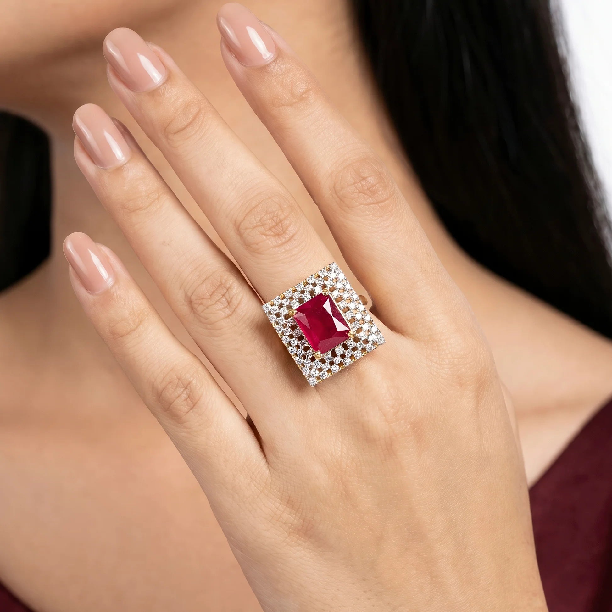 AYMI Ring Anti-Tarnish Ruby Crystal Statement (Adjustable Size)