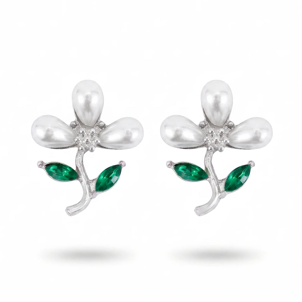 AYMI Earrings Anti-Tarnish Floral With Green Crystal Accents