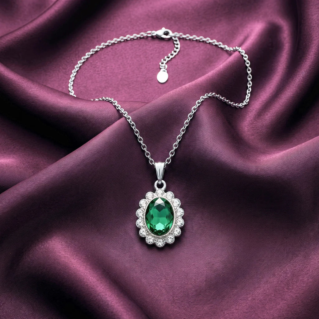 AYMI Necklace Anti-Tarnish Emerald Halo Pendant