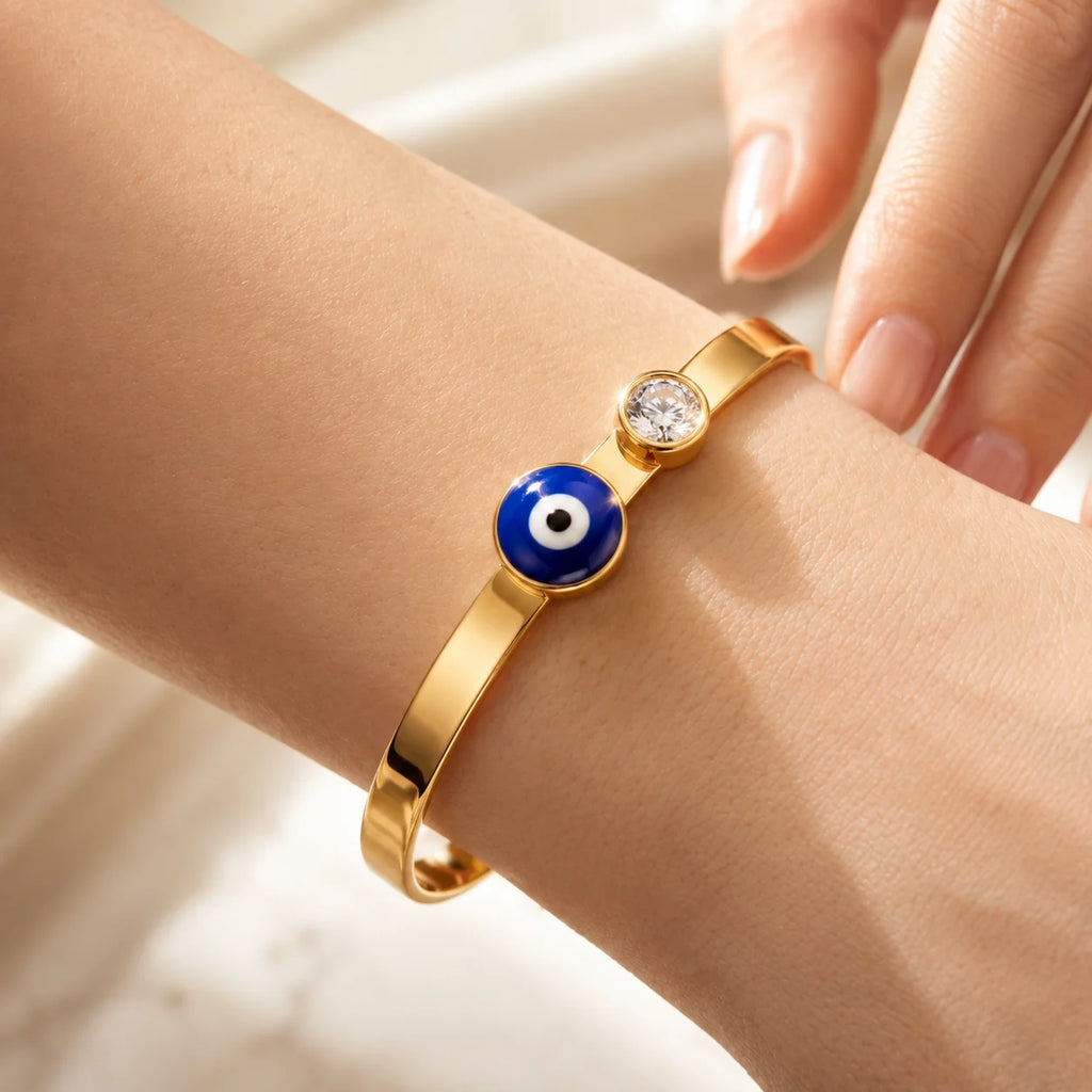 AYMI Bracelet Anti-Tarnish Gold Plated Evil Eye Bangle (Adjustable Size)