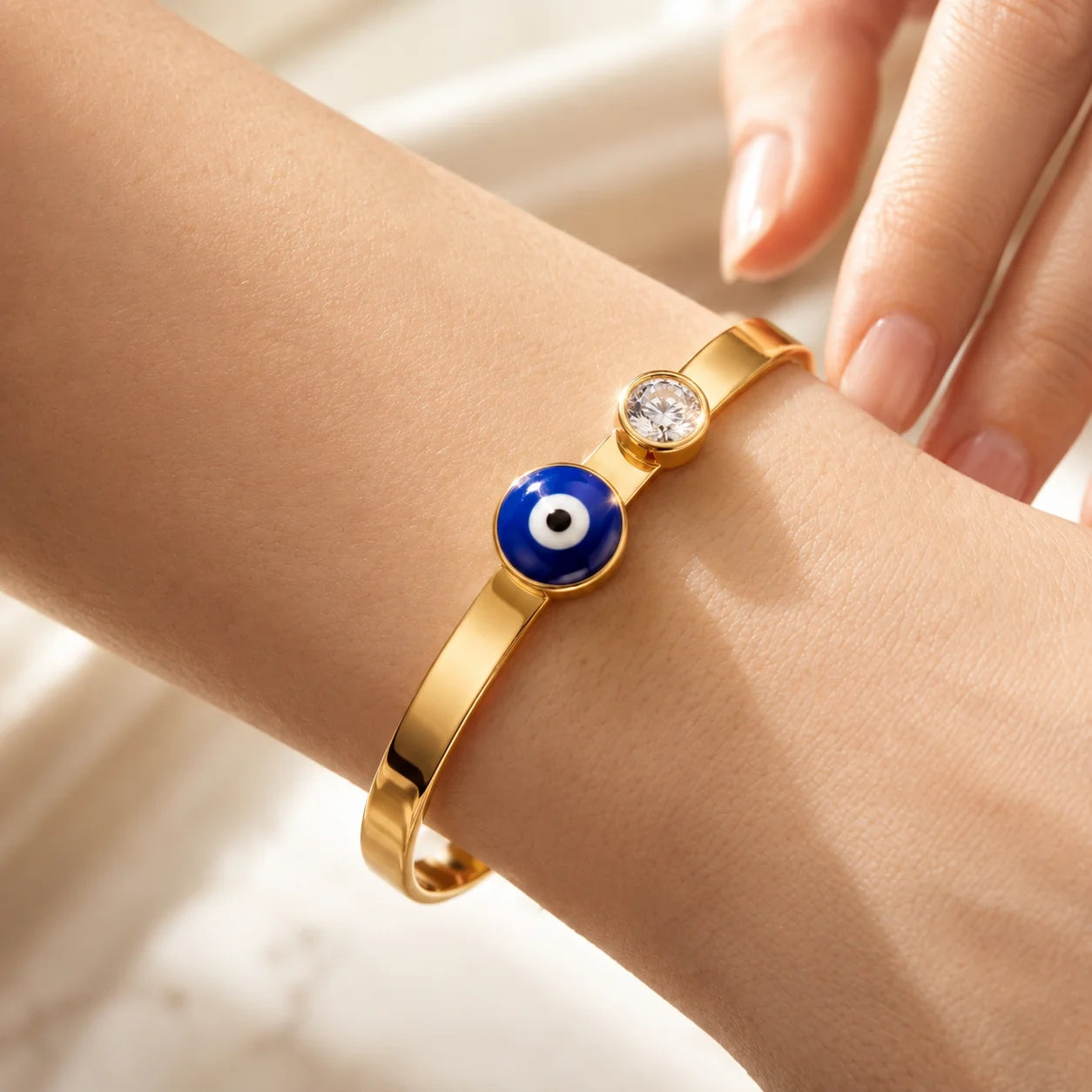 AYMI Bracelet Anti-Tarnish Gold Plated Evil Eye Bangle (Adjustable Size)
