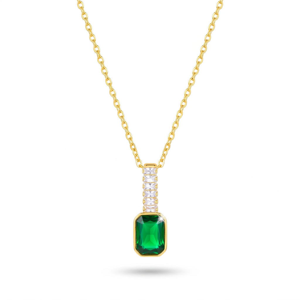 AYMI Necklace Anti-Tarnish Baguette Chain & Emerald Crystal Pendant