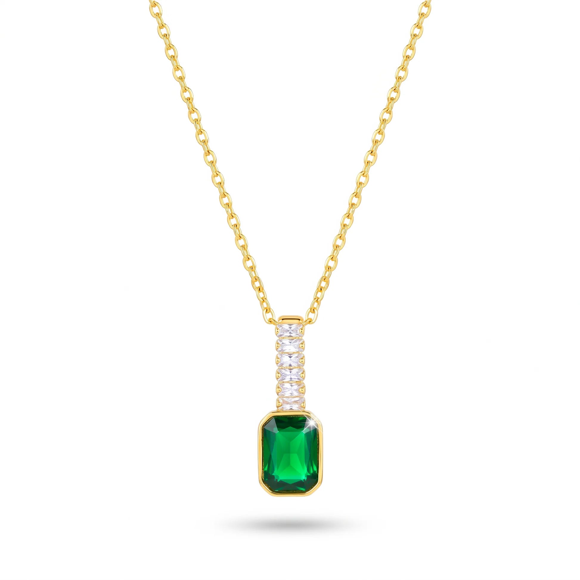 AYMI Necklace Anti-Tarnish Baguette Chain & Emerald Crystal Pendant