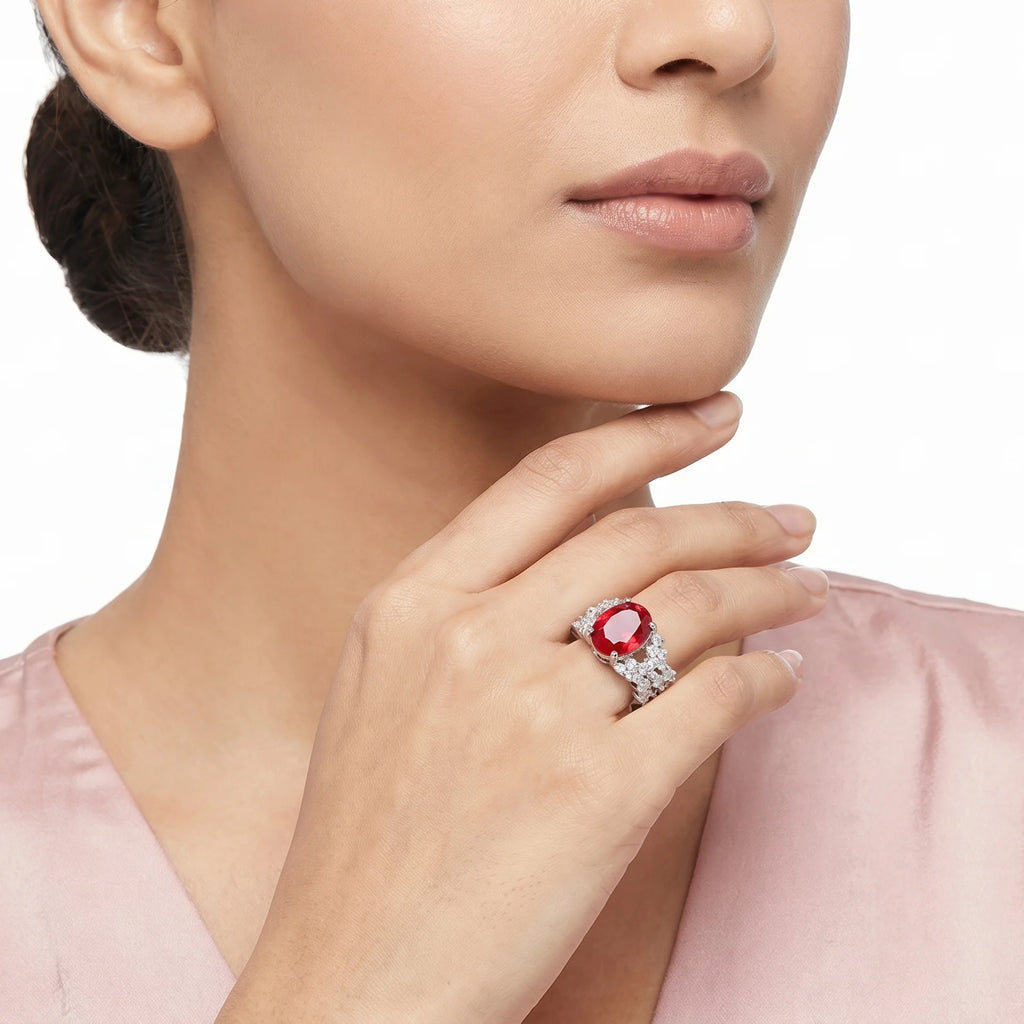 AYMI Ring Anti-Tarnish Ruby Oval Crystal (Adjustable Size)