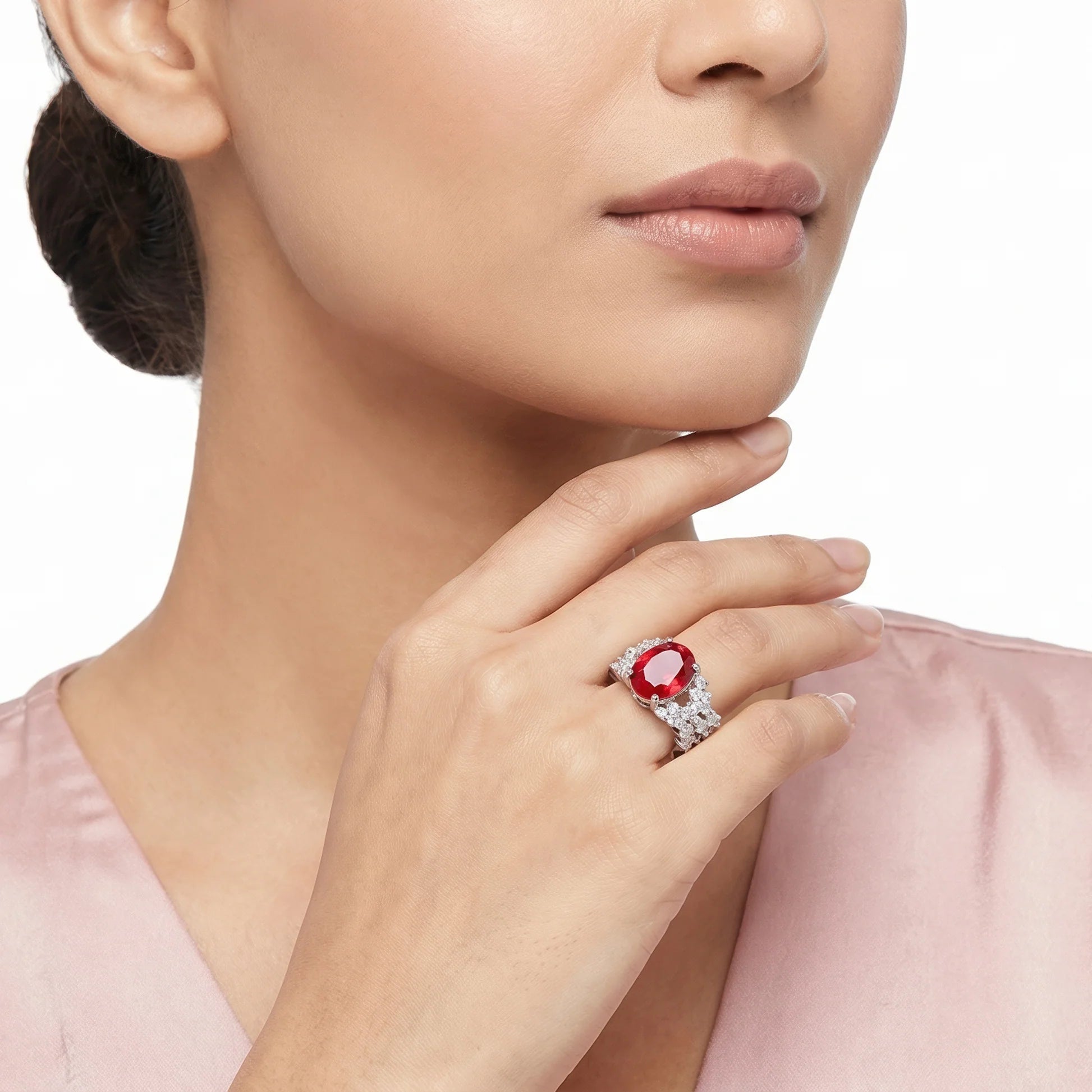 AYMI Ring Anti-Tarnish Ruby Oval Crystal (Adjustable Size)