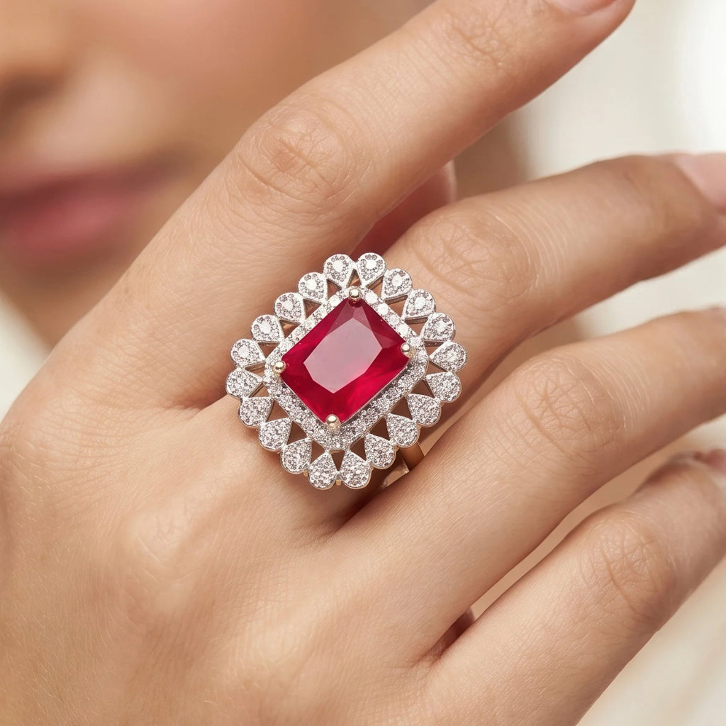AYMI Ring Anti-Tarnish Ruby Red Stone Studded With Crystals (Adjustable Size)