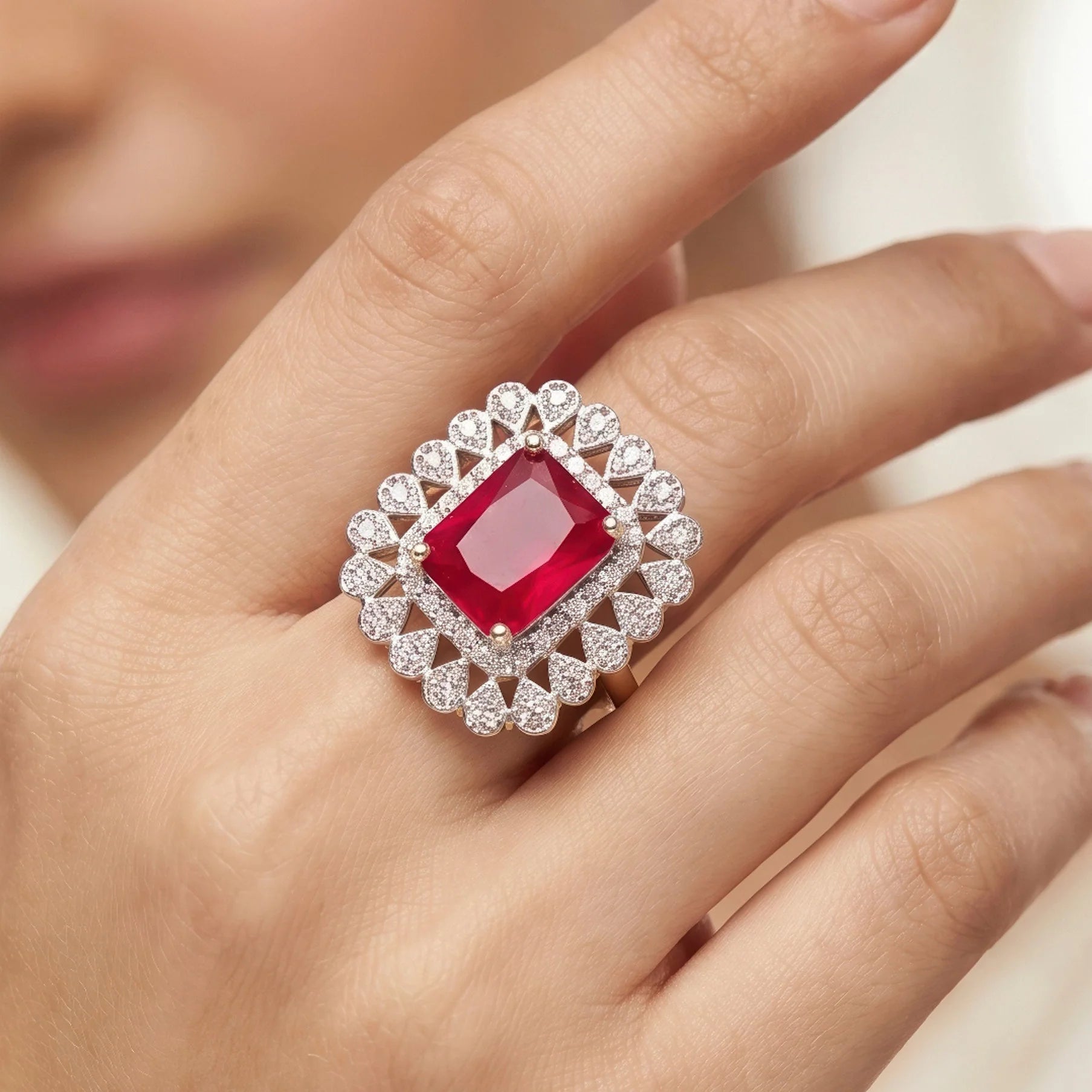 AYMI Ring Anti-Tarnish Ruby Red Stone Studded With Crystals (Adjustable Size)