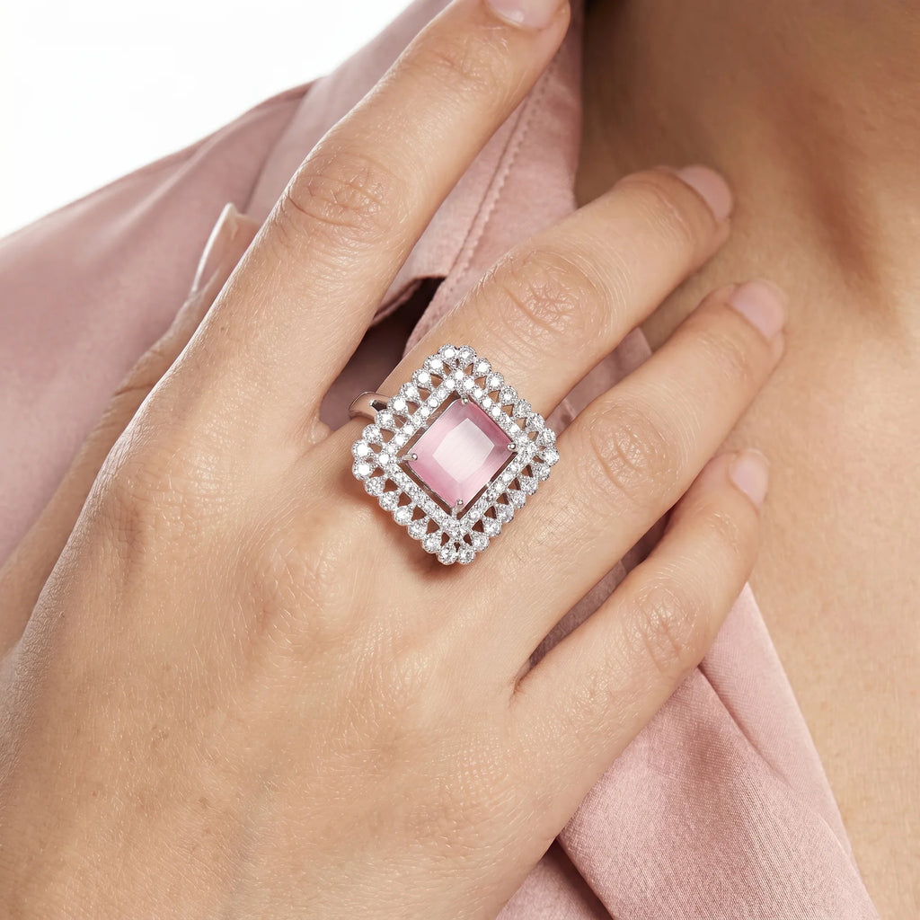 AYMI Ring Anti-Tarnish Pink Crystal Square (Adjustable Size)