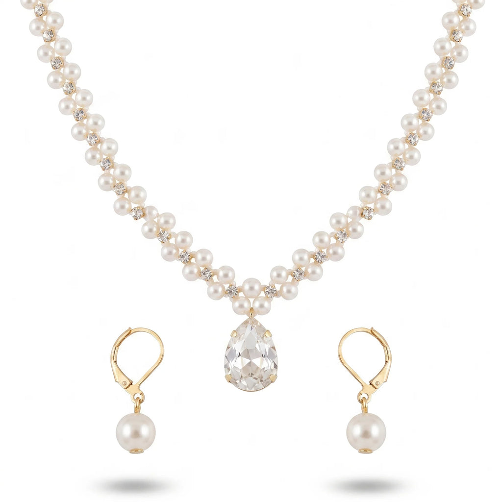 AYMI Necklace Anti-Tarnish Pearls & Crystal Set With Earrings