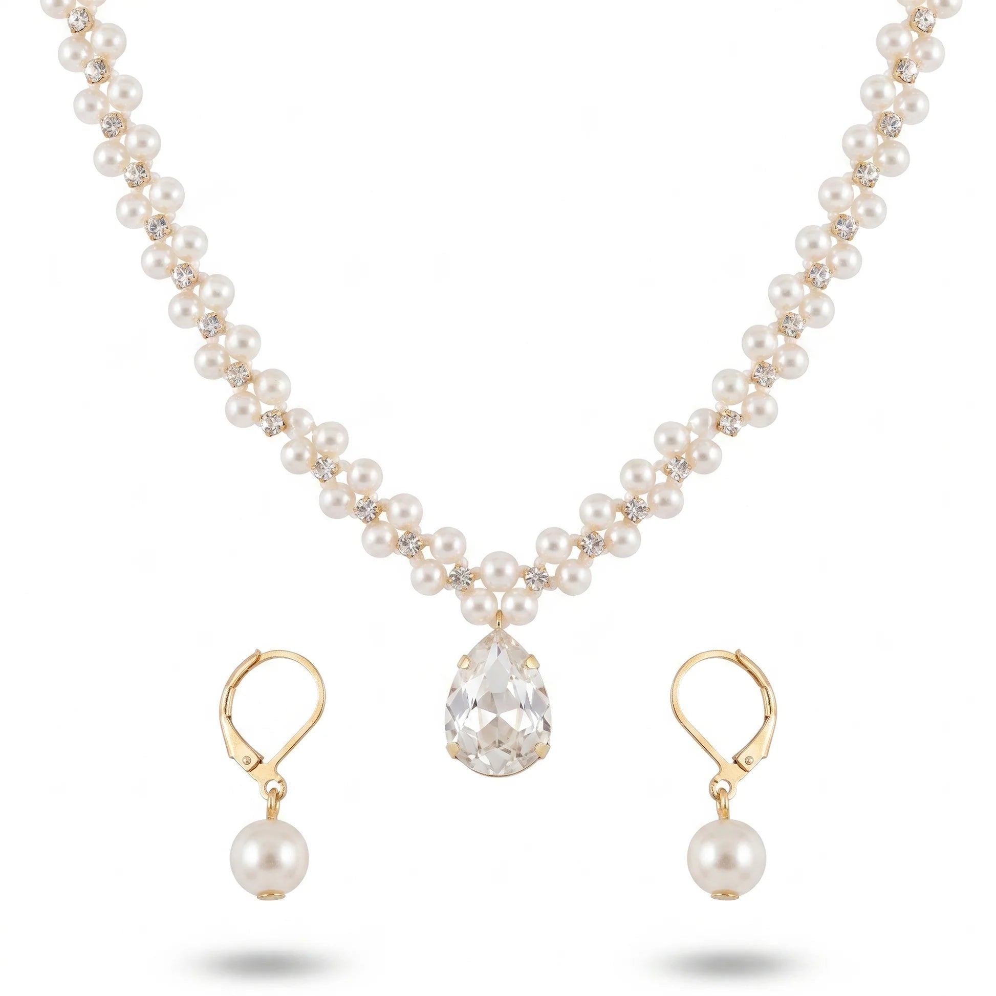 AYMI Necklace Anti-Tarnish Pearls & Crystal Set With Earrings