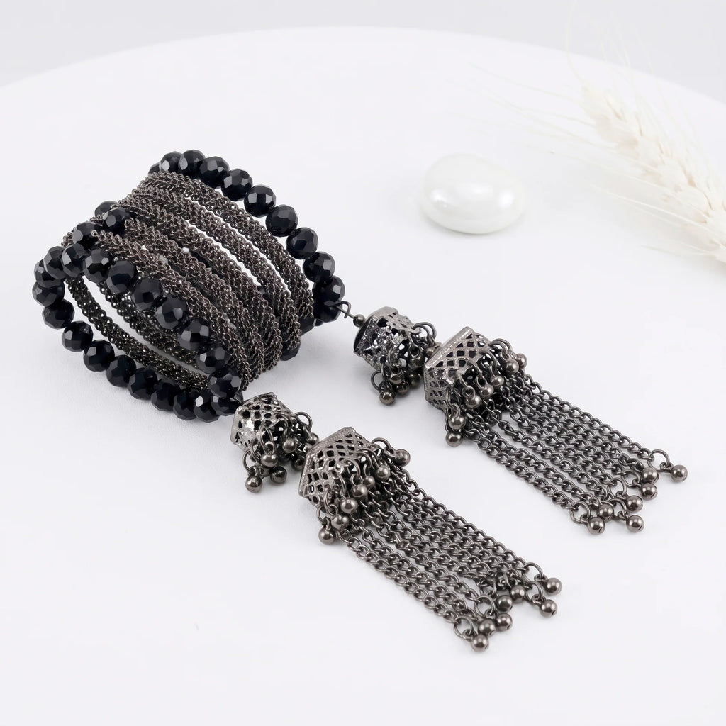 AYMI Bracelet Anti-Tarnish Spiral Black Crystals Tassels (Adjustable Size)