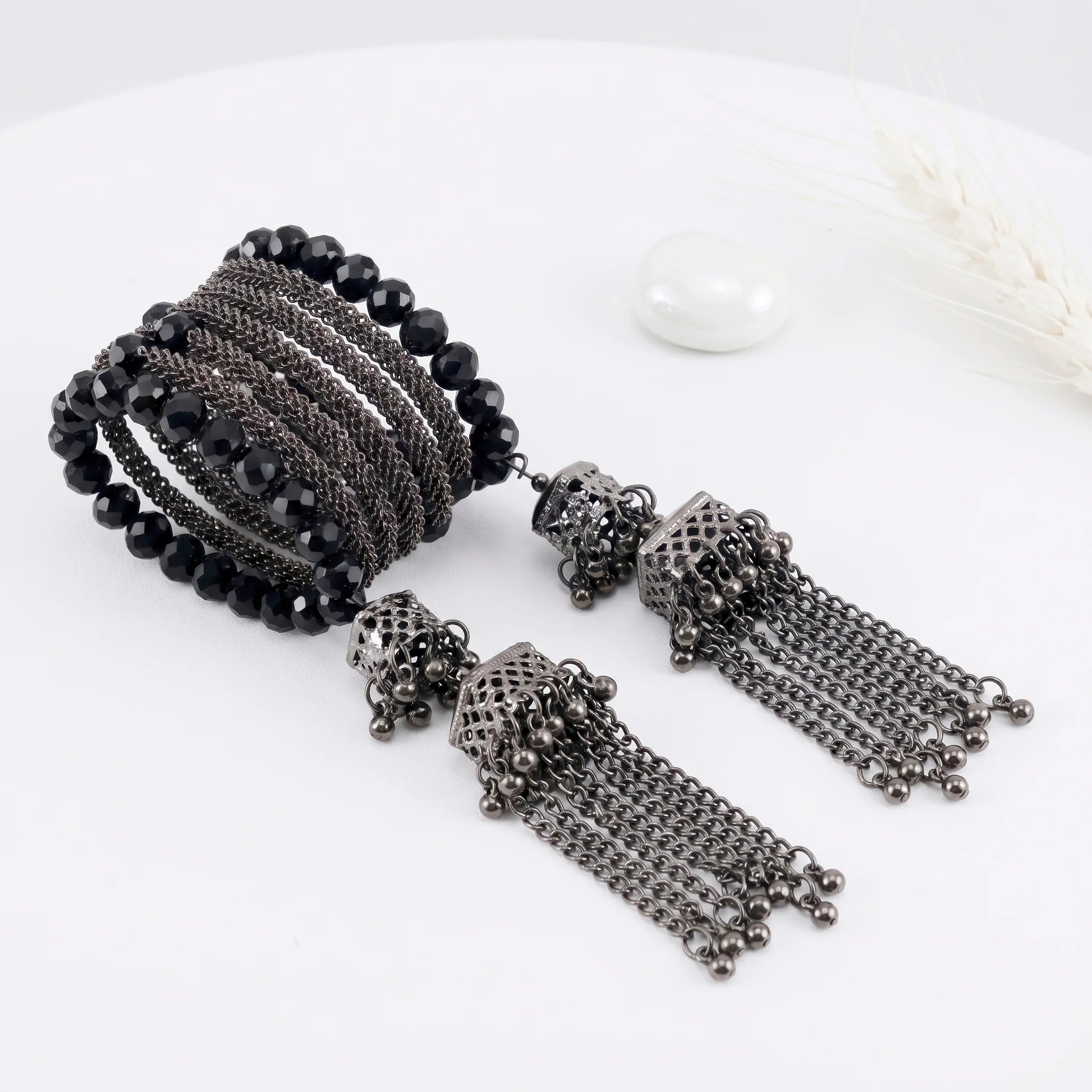 AYMI Bracelet Anti-Tarnish Spiral Black Crystals Tassels (Adjustable Size)