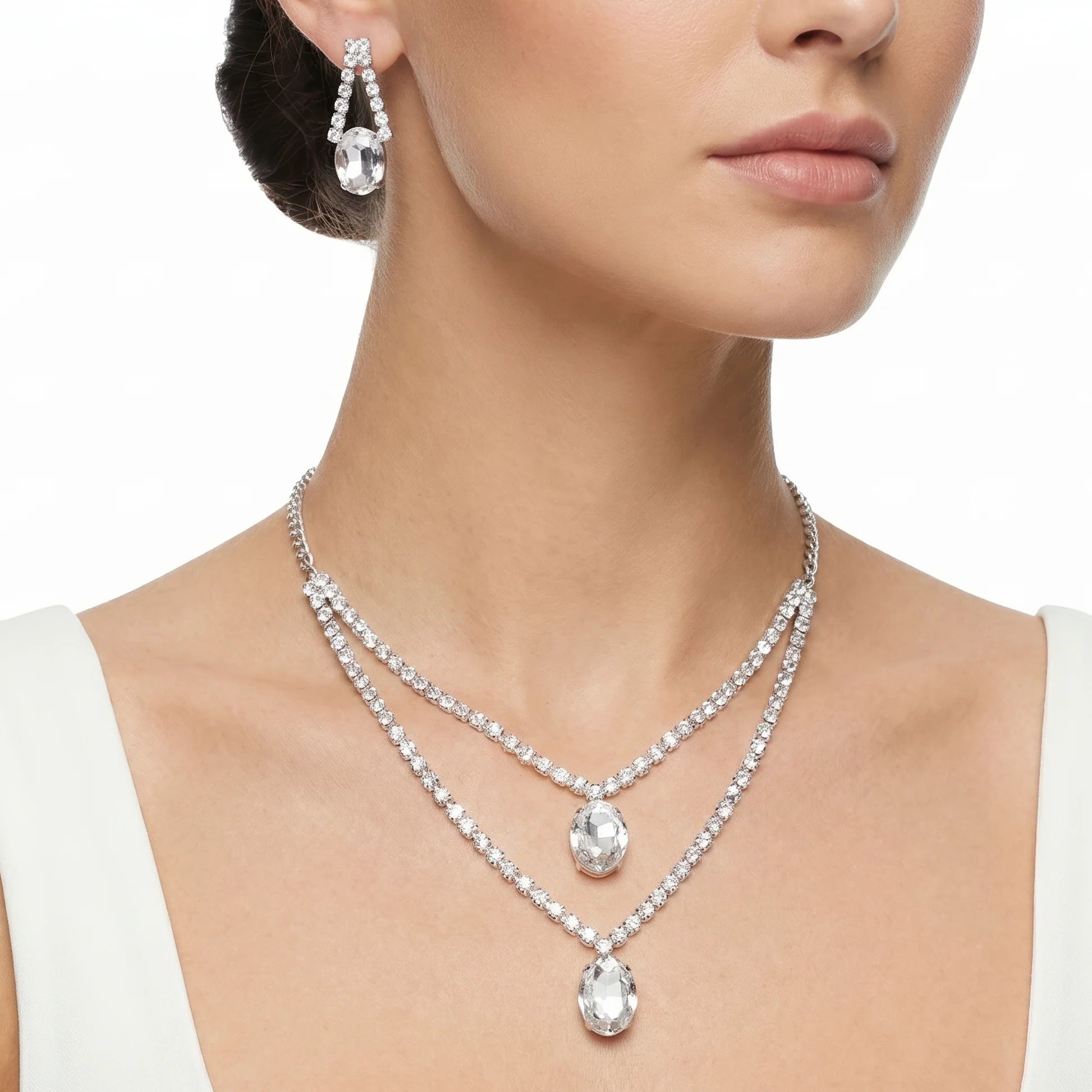 AYMI Necklace Anti-Tarnish Clear Oval Crystal Double-Layer Set With Earrings