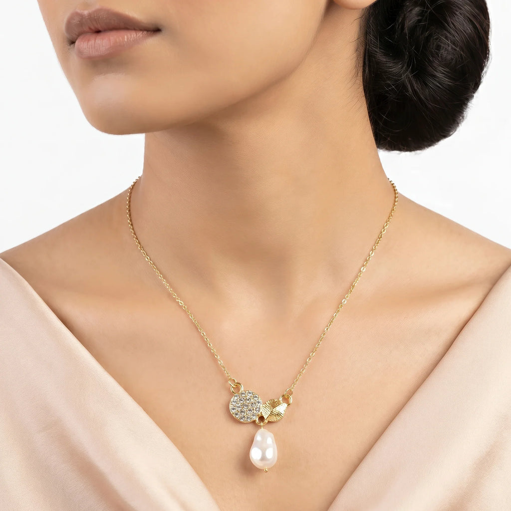 AYMI Necklace Anti-Tarnish Pavé Disc & Drop Pearl