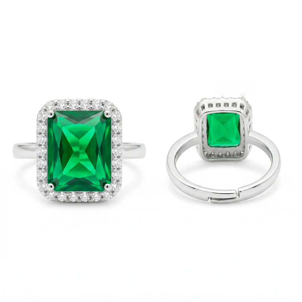AYMI Ring Anti-Tarnish Emerald Rectangle Center Stone (Adjustable Size)