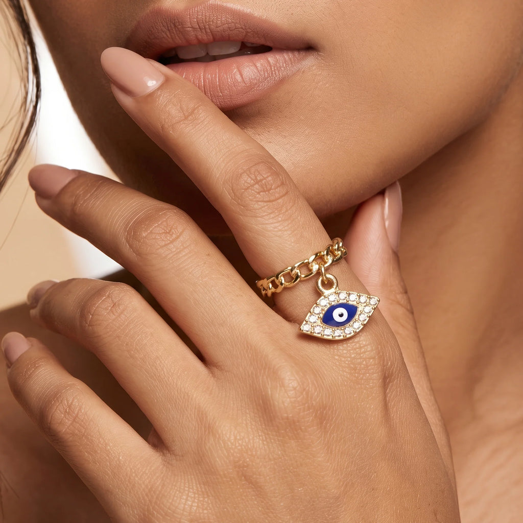 AYMI Ring Anti-Tarnish Evil Eye Charm (Adjustable Size)