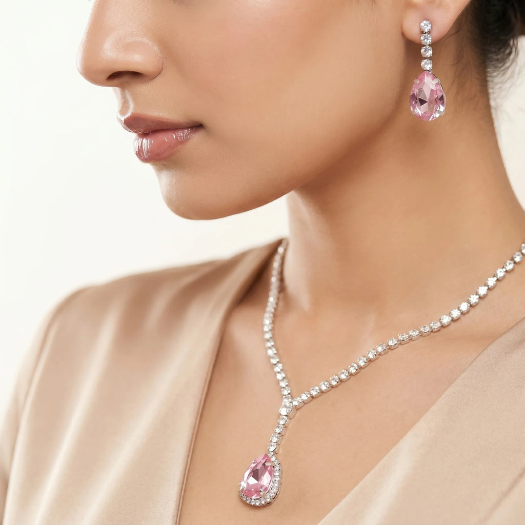 AYMI Necklace Anti-Tarnish Vintage Rose Teardrop Crystal Set With Earrings