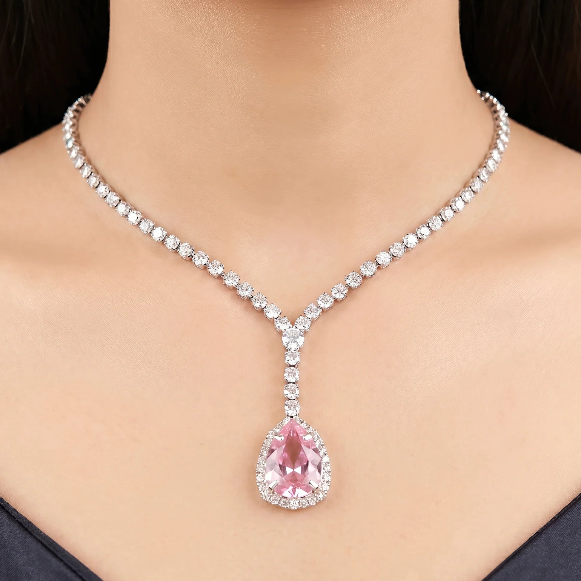 AYMI Necklace Anti-Tarnish Vintage Rose Teardrop Crystal Set With Earrings