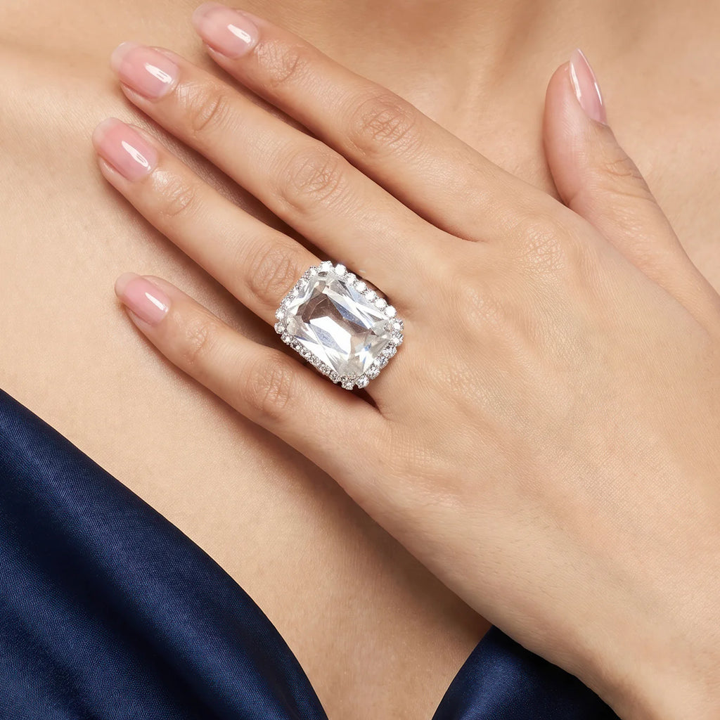 AYMI Ring Anti-Tarnish Emerald Cut Crystal Halo (Adjustable Size)