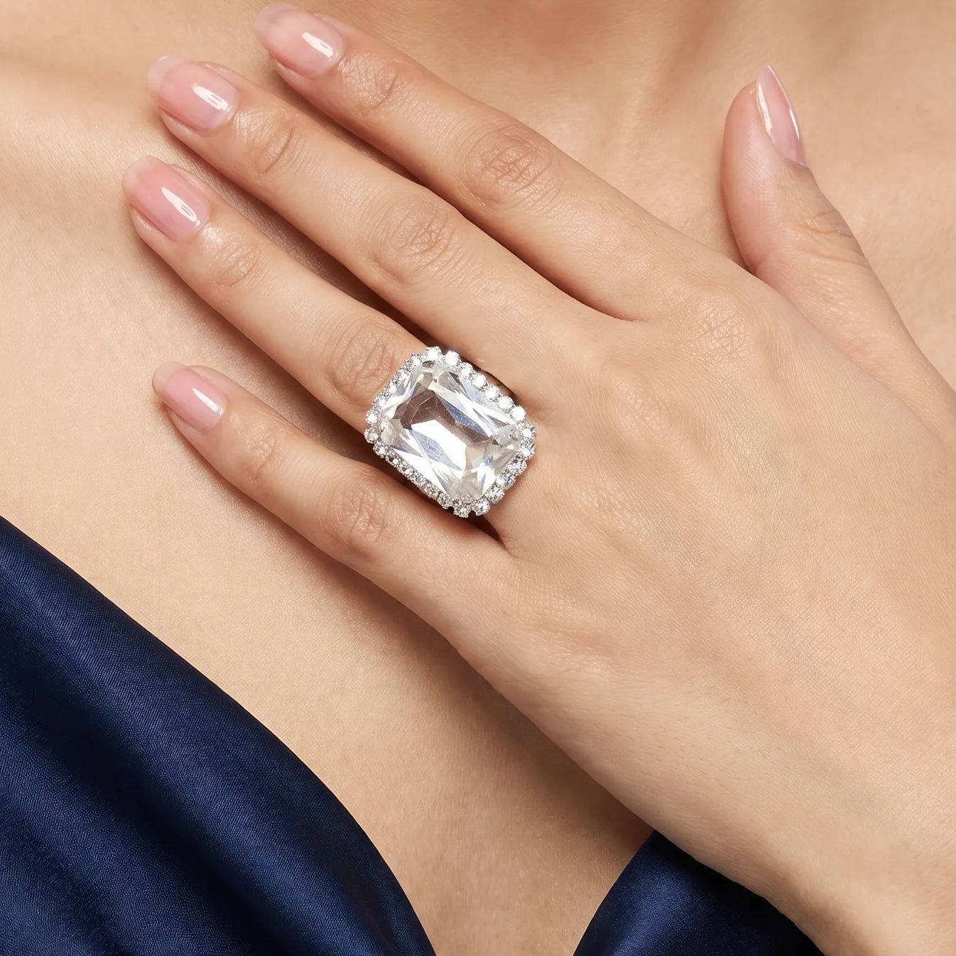AYMI Ring Anti-Tarnish Emerald Cut Crystal Halo (Adjustable Size)