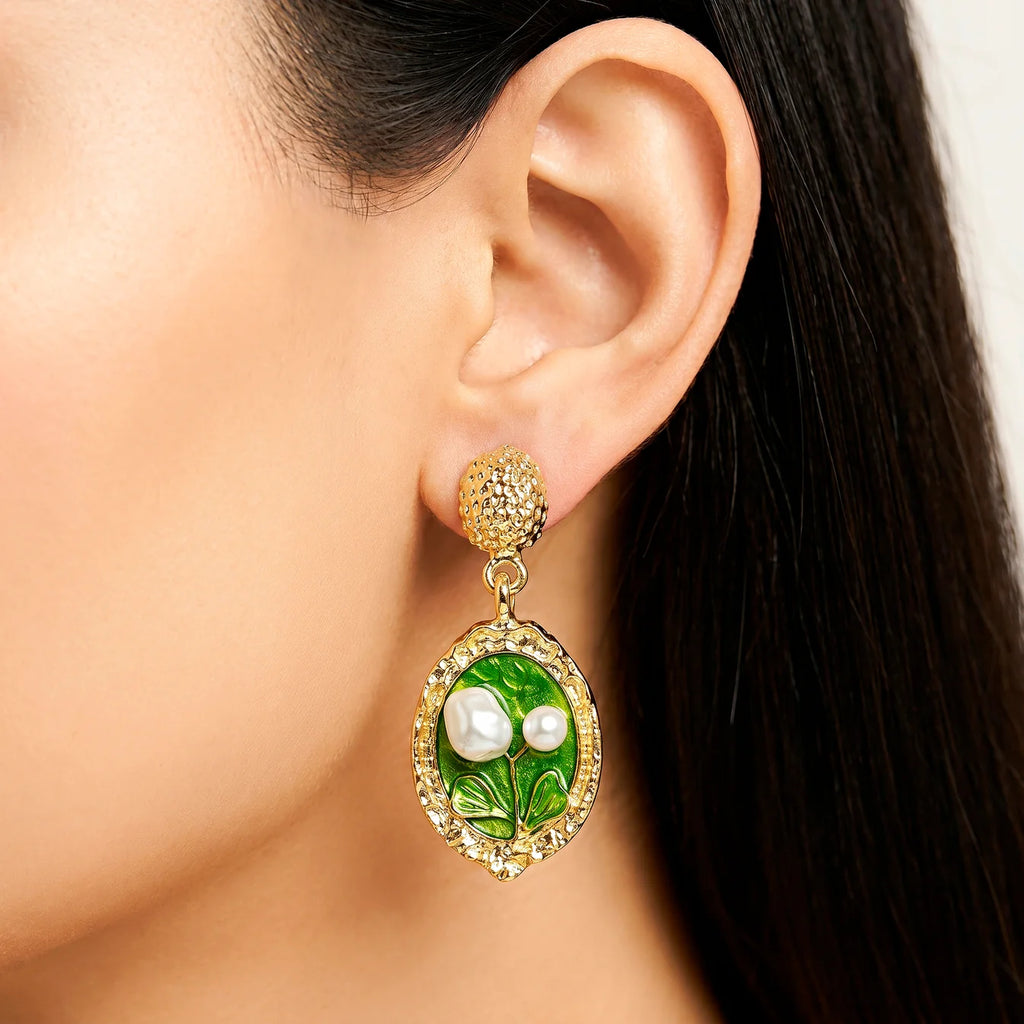 AYMI Earrings Anti-Tarnish Green Leaf Pearl Dangles