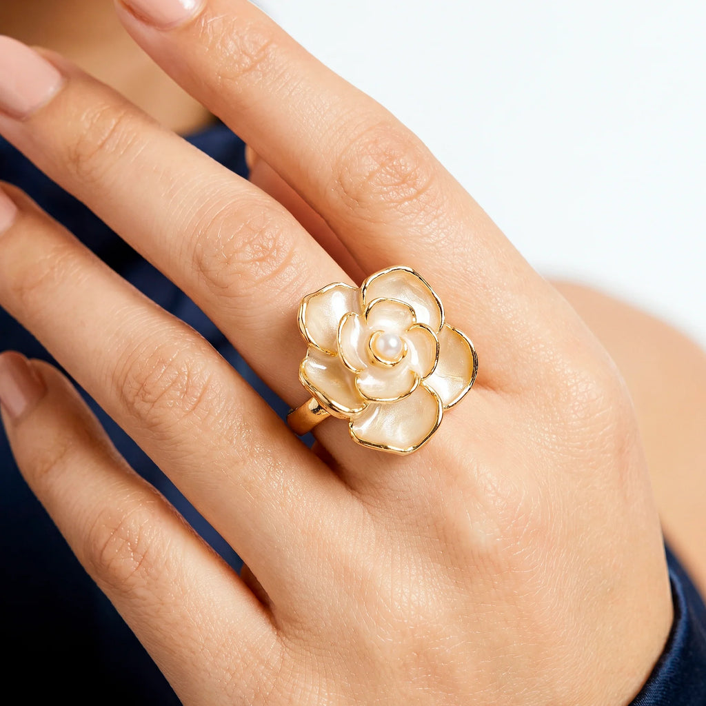 AYMI Ring Anti-Tarnish Enamel Flower Pearl (Adjustable Size)