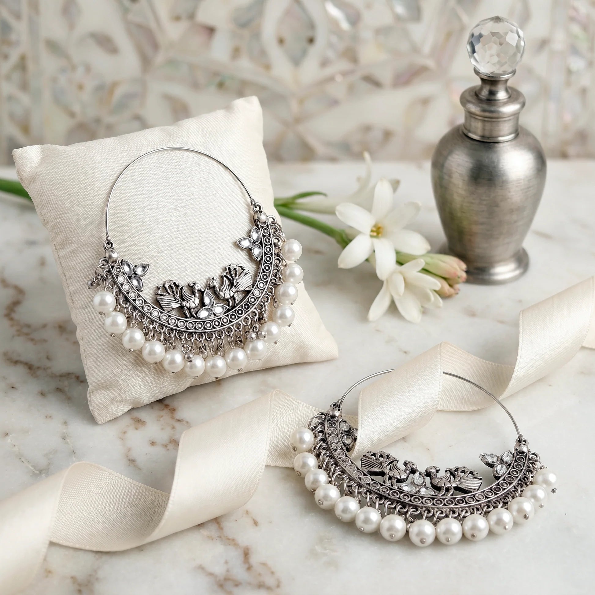AYMI Earrings Anti-Tarnish Ornate Hoops Crescent Peacock Crystal Pearls