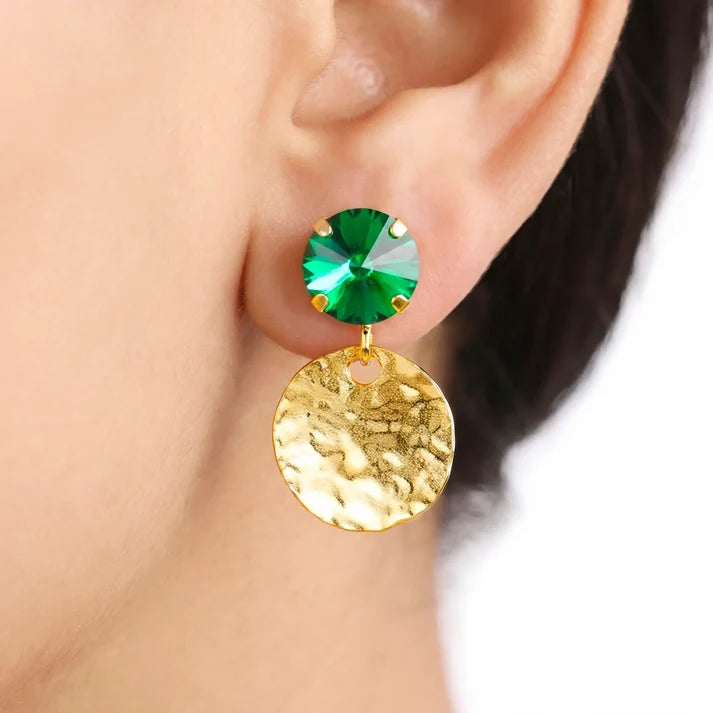 AYMI Emerald Crystal Anti-Tarnish Hammered Coin Earrings