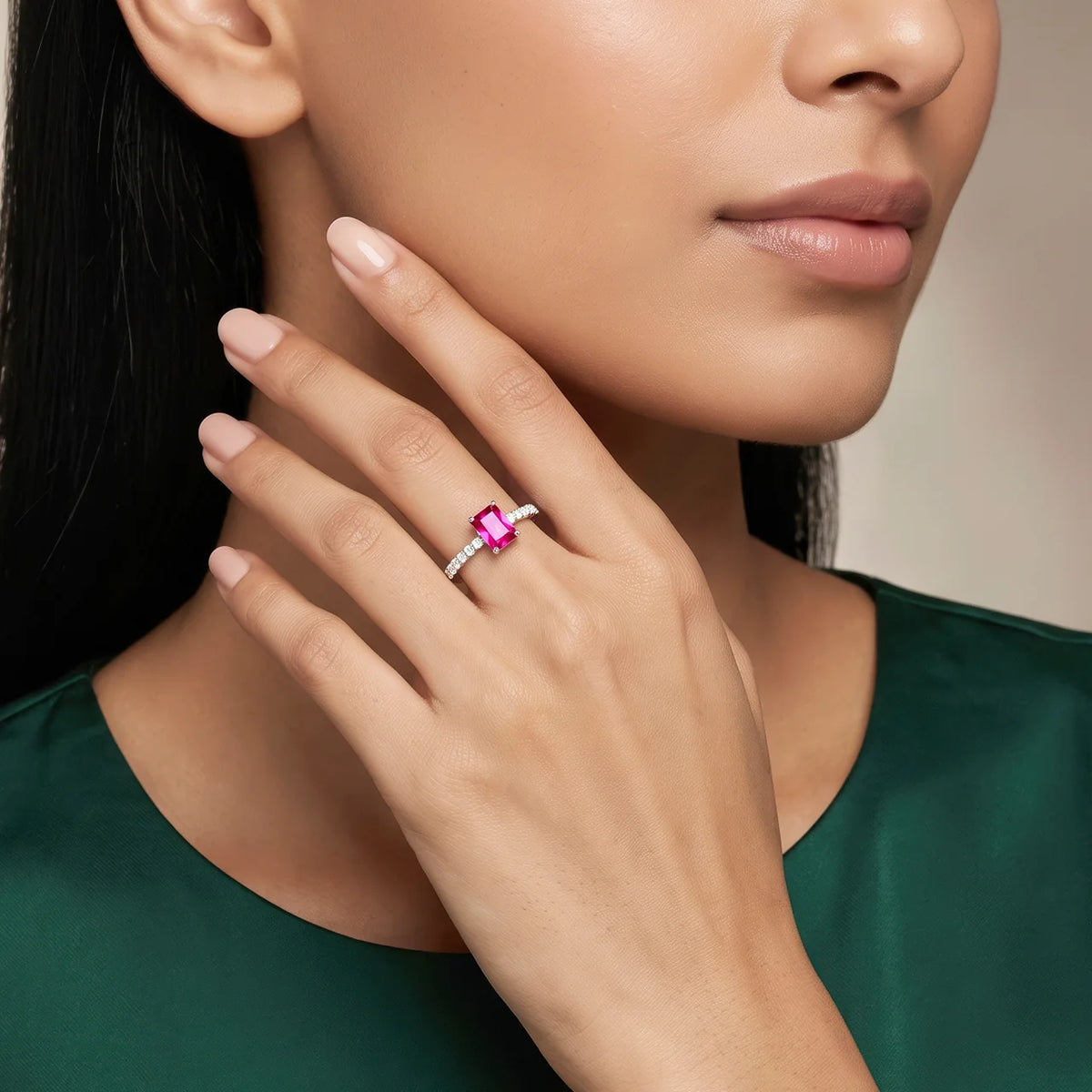 AYMI Ring Anti-Tarnish Emerald-Cut Ruby Pavé (Adjustable Size)