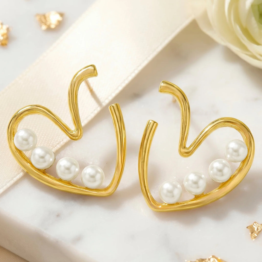 AYMI Earrings Anti-Tarnish Abstract Heart With Faux Pearl