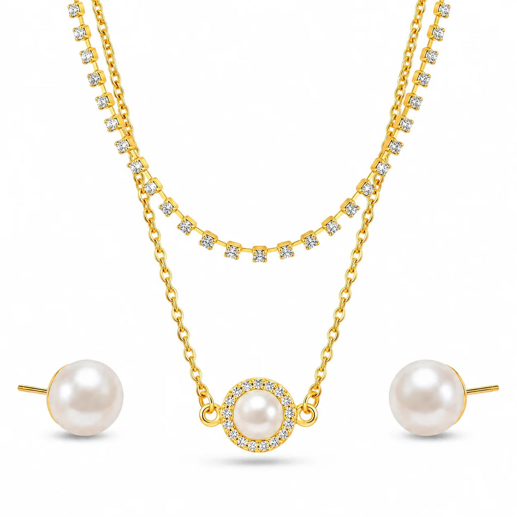 AYMI Necklace Anti-Tarnish Gold Plated Double Layered Pearl Set
With Earrings