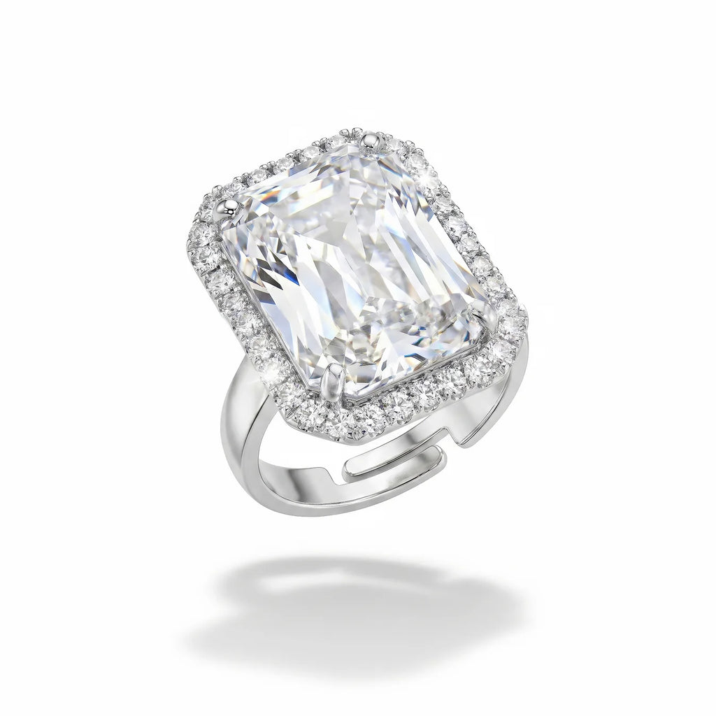 AYMI Ring Anti-Tarnish Emerald Cut Crystal Halo (Adjustable Size)