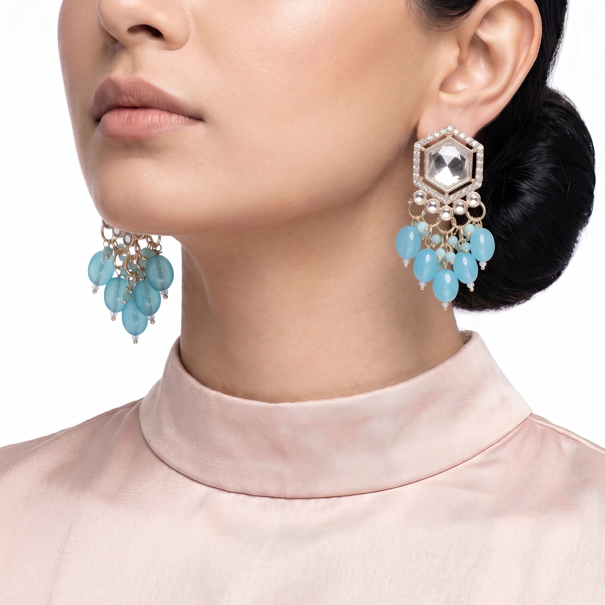 AYMI Earrings Anti-Tarnish Aqua Bead Chandeliers