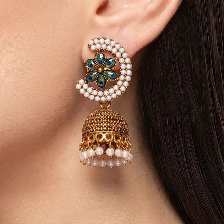 AYMI Traditional Anti-Tarnish Peacock Pearl Jhumkas