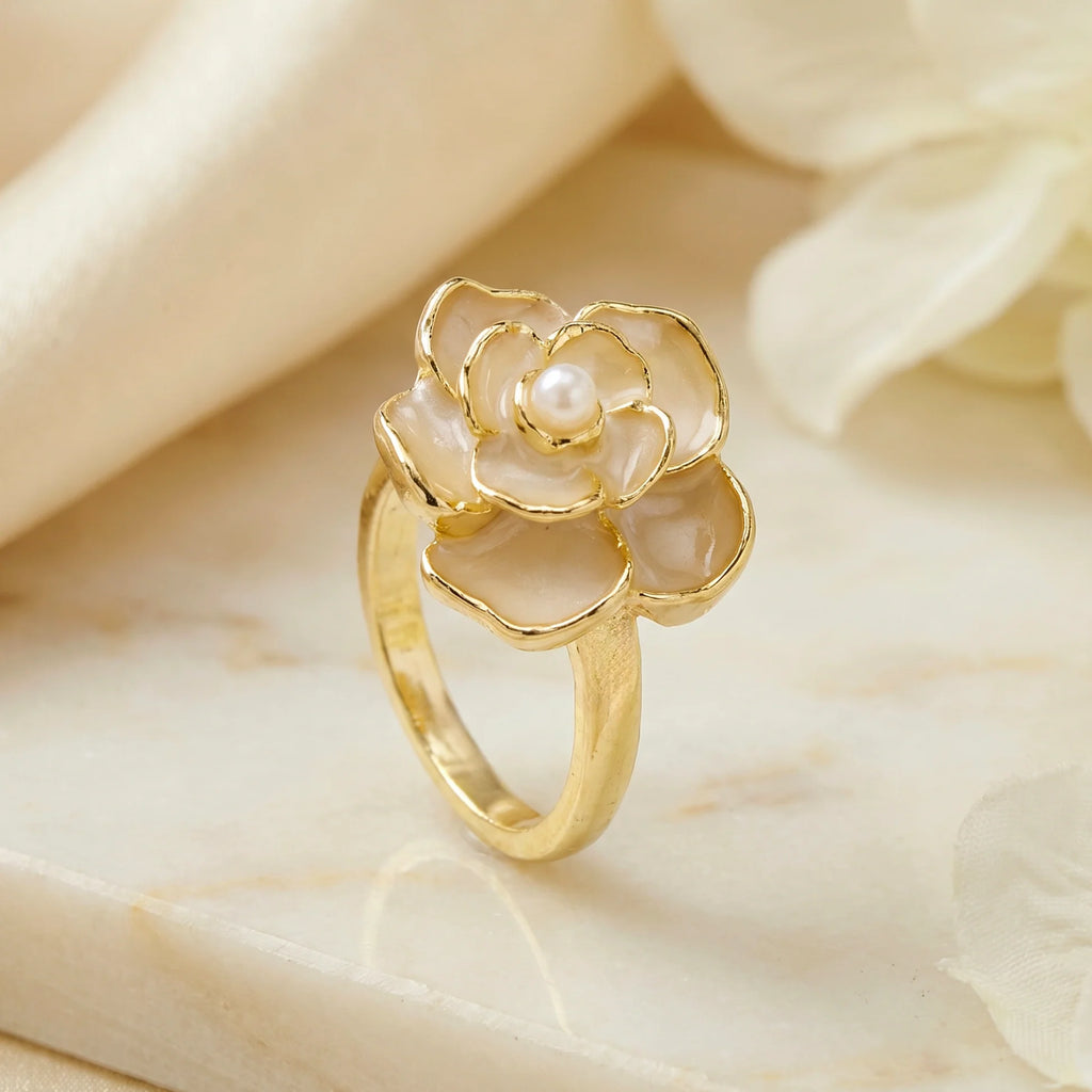 AYMI Ring Anti-Tarnish Enamel Flower Pearl (Adjustable Size)