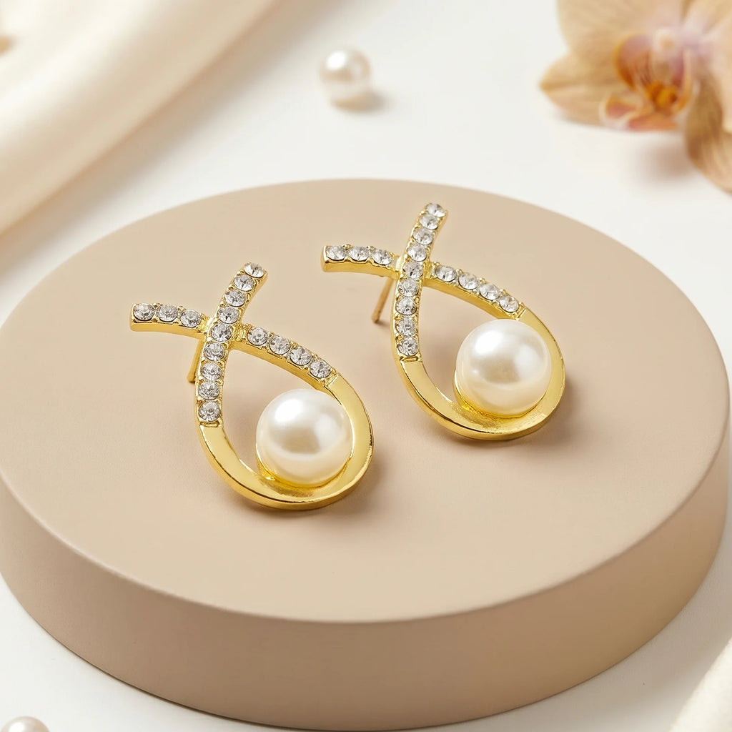 AYMI Earrings Anti-Tarnish Ribbon Crystal Pearl