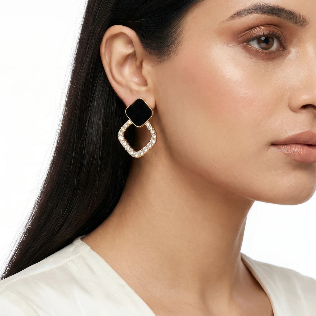 AYMI Earrings Anti-Tarnish Geometric Black Enamel Crystal Studs